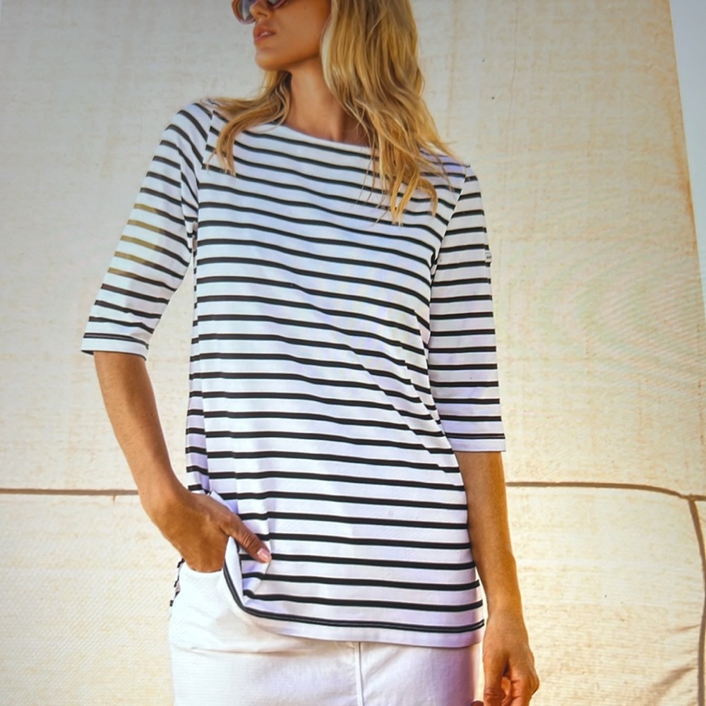 Saint James, NWOT. UV Prot. Black and White Striped Tunic Top
